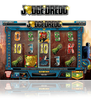 Die 5 Walzen des Judge Dredd Slots mit den Symbolen.