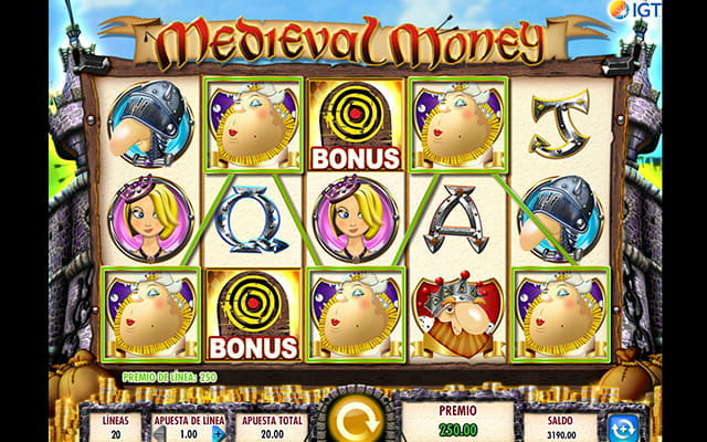 Pantalla principal con los cinco tambores de la slot Medieval Money durante una partida con una combinación ganadora.